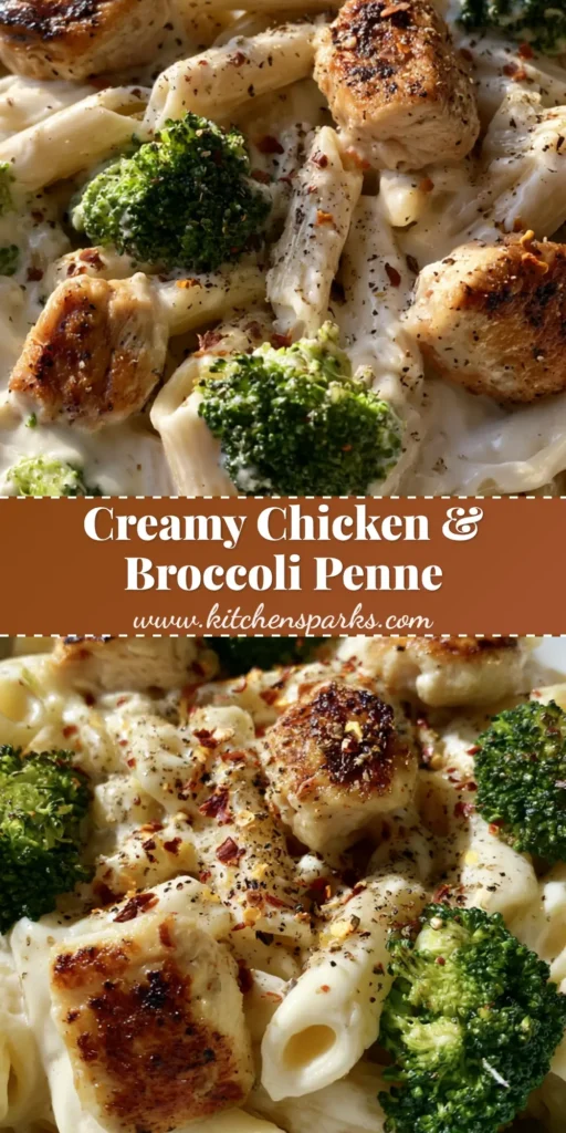 A close-up of Creamy Chicken and Broccoli Penne in a white bowl showing the thick sauce and red pepper flake garnish.