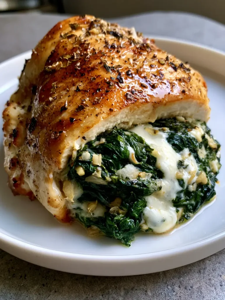 Handheld smartphone photo of a golden-brown seared Garlic Spinach Stuffed Chicken breast with glistening natural juices on a grey stone surface.