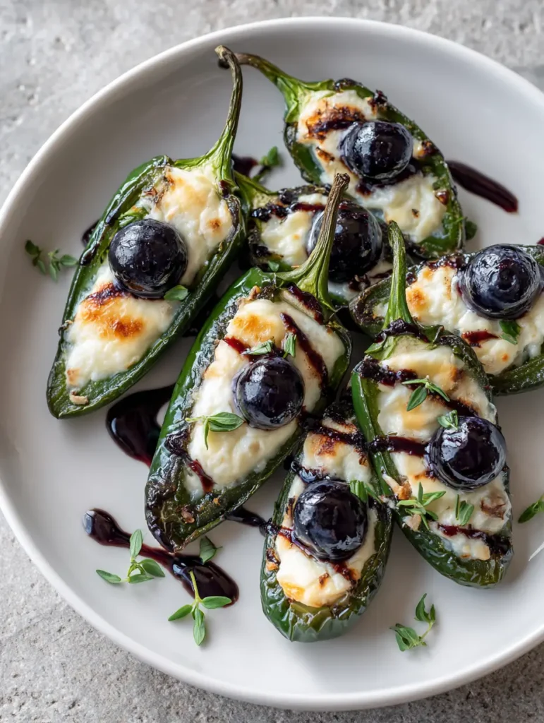 Top-down view of Blueberry Brie Jalapeño Poppers with thin balsamic glaze lines and fresh thyme leaves.