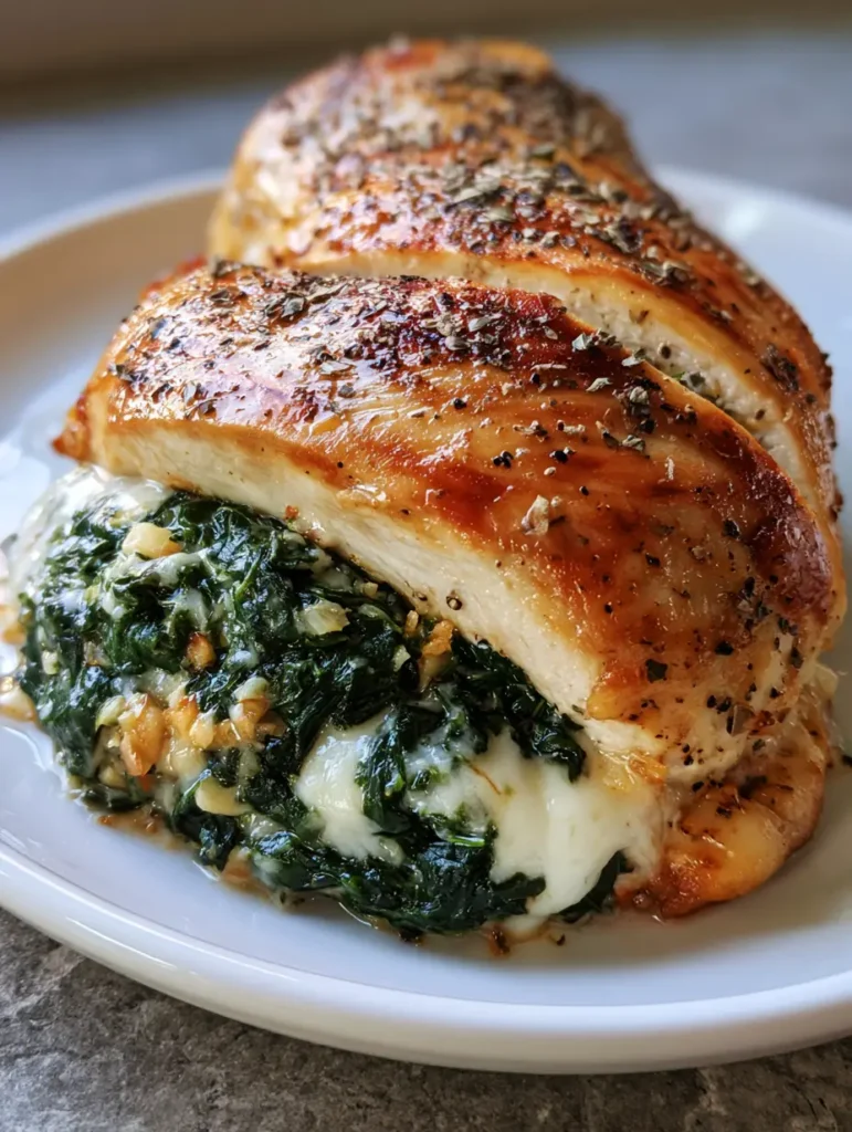 A dense stuffing of vibrant green spinach and melted white cheese inside a seared Garlic Spinach Stuffed Chicken breast.