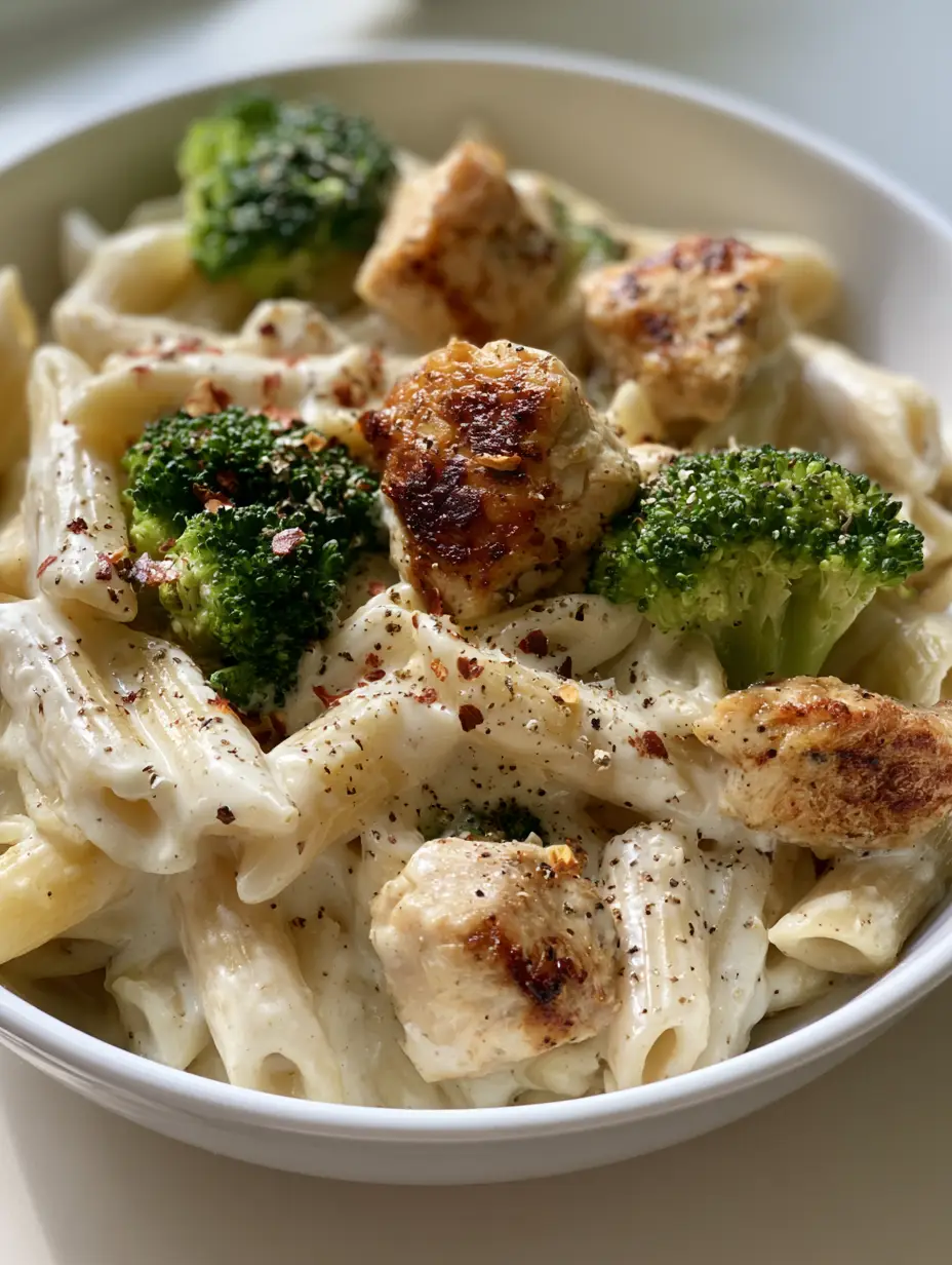 A smartphone photo of Creamy Chicken and Broccoli Penne featuring golden-brown seared chicken and vibrant green broccoli.