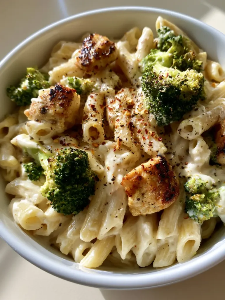 Top down view of Creamy Chicken and Broccoli Penne with visible cracked black pepper and chili flakes.