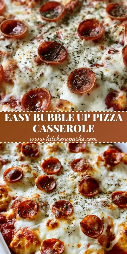 A close-up shot of a Bubble Up Pizza Casserole in a white dish showing melted cheese and charred pepperoni.