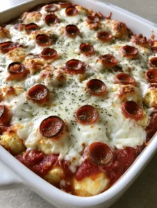 High-angle close-up of Bubble Up Pizza Casserole with bubbling mozzarella and golden-brown biscuits.