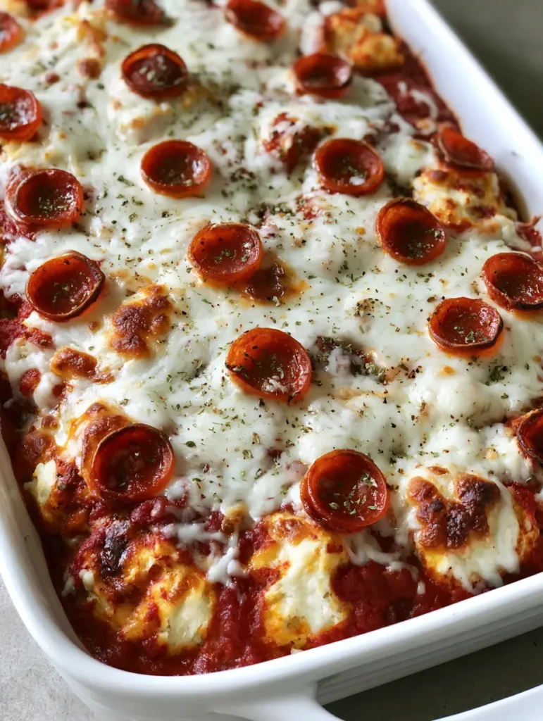 Close-up of charred pepperoni and dried oregano flakes on a Bubble Up Pizza Casserole.
