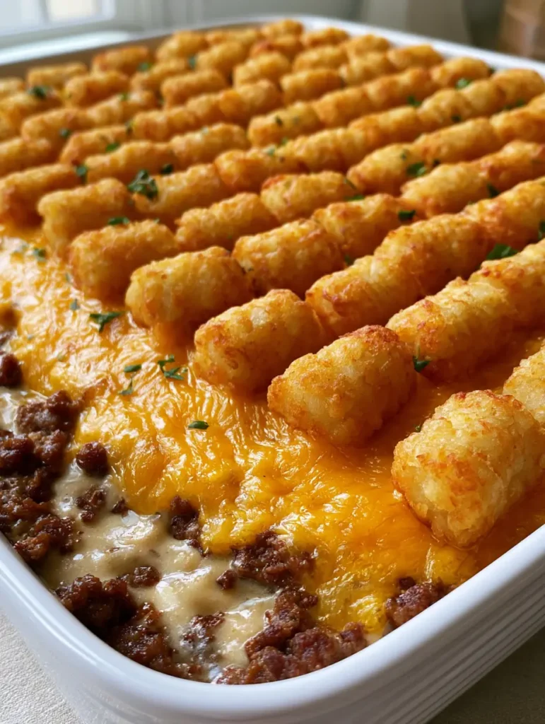 Close-up of Tater Tot Casserole showing bubbly melted orange cheddar cheese and creamy beige ground beef sauce under a layer of tots.