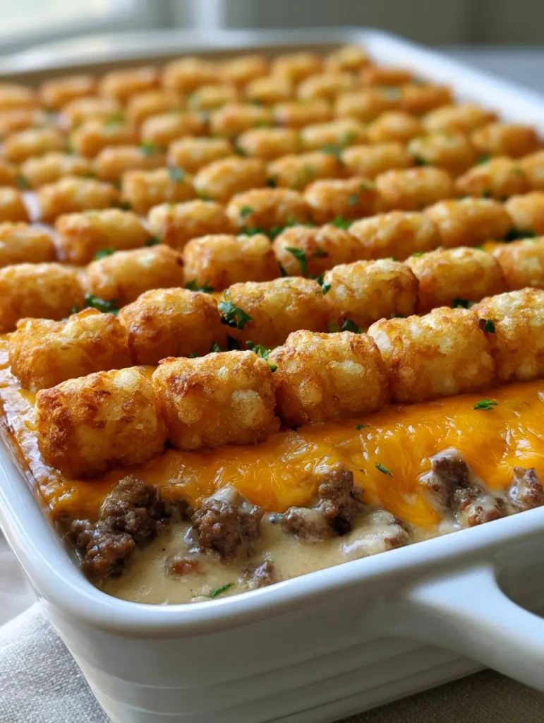 A detailed shot of crispy tater tots aligned in a grid with flecks of green parsley garnish on top of a Tater Tot Casserole.