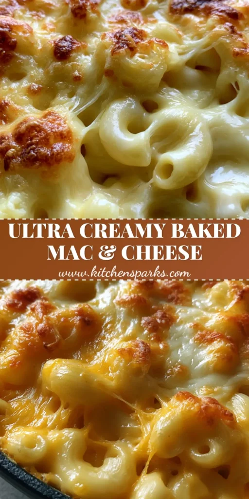 Top-down view of Baked Macaroni and Cheese in a cast iron skillet showing bubbling cheese and golden toasted edges.
