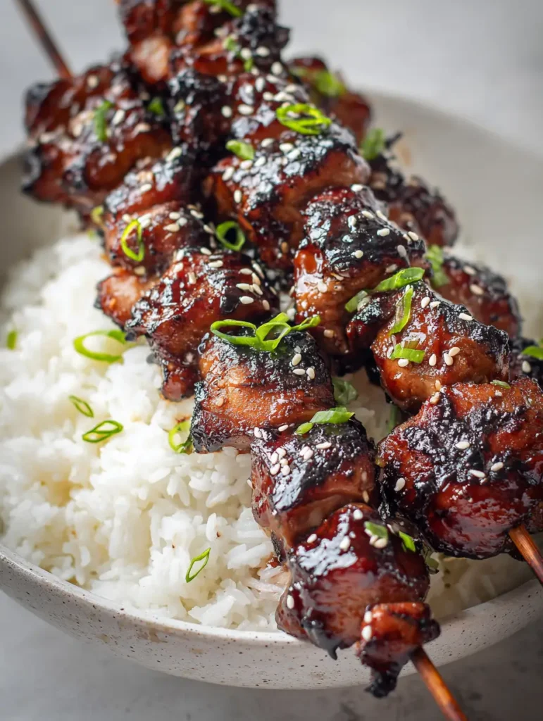 Huli Huli Chicken: The Ultimate Hawaiian Grilled Skewers with Sticky Glaze 2 Stacked grilled chicken skewers with black char marks and thick dark brown glaze. (Huli Huli Chicken)