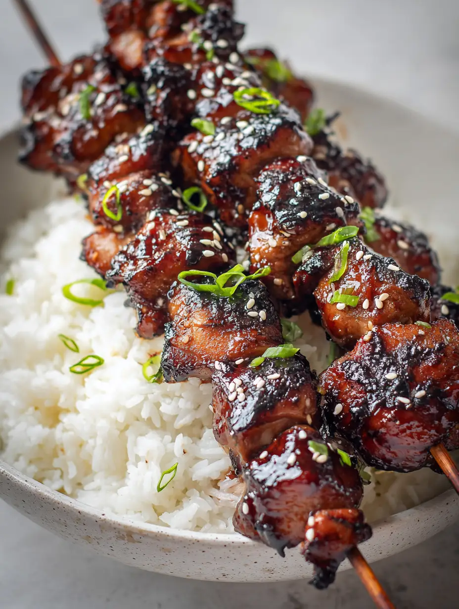 Huli Huli Chicken: The Ultimate Hawaiian Grilled Skewers with Sticky Glaze 3 Stacked grilled chicken skewers with black char marks and thick dark brown glaze. (Huli Huli Chicken)