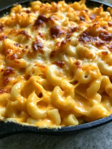 Close-up of creamy Baked Macaroni and Cheese in a black cast iron skillet with stringy cheese and golden-brown spots.