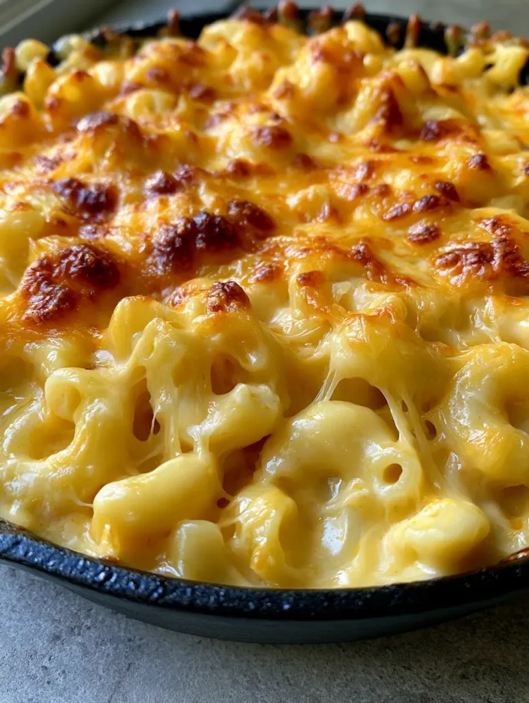 A side view of Baked Macaroni and Cheese showing the thick cheese sauce and crispy edges against the cast iron skillet.
