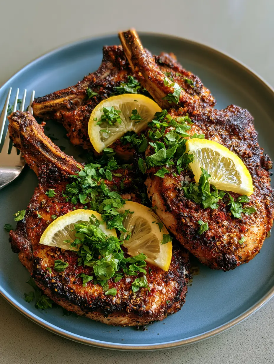 A handheld smartphone photo showing the dark golden-brown sear of three Baked Pork Chops on a blue-gray plate.