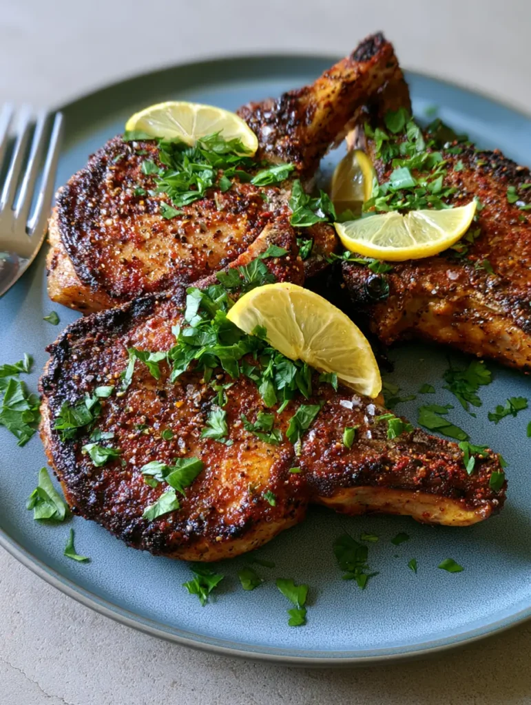 Close up of Baked Pork Chops with visible grains of salt, pepper, and fresh green parsley garnish.