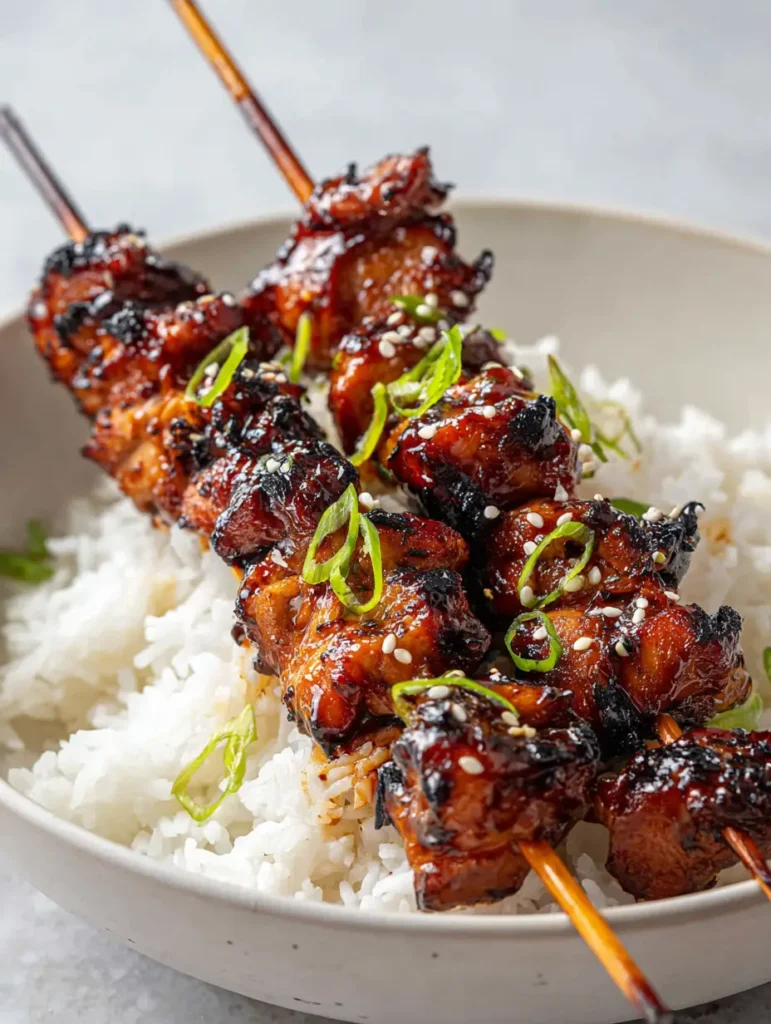 Huli Huli Chicken: The Ultimate Hawaiian Grilled Skewers with Sticky Glaze 1 Handheld photo of Huli Huli Chicken skewers over steaming fluffy white rice.