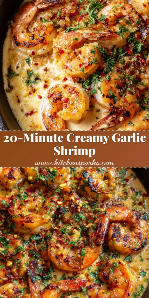 Top-down view of Creamy Coconut Garlic Shrimp in a black cast iron skillet with vibrant pink shrimp, ivory sauce, and fresh parsley.