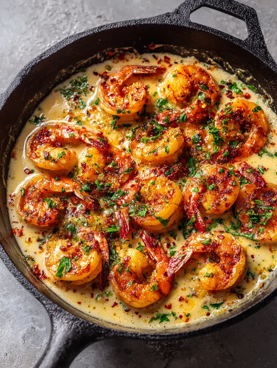 A close-up of seared jumbo shrimp with char marks in a thick coconut milk sauce. (Creamy Coconut Garlic Shrimp)