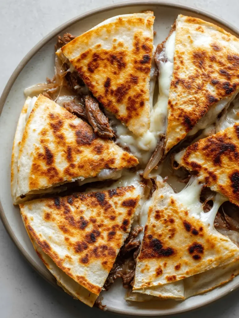 Detailed shot of sliced Blackstone Steak Quesadilla wedges with melted white cheese oozing out and visible charred beef edges.