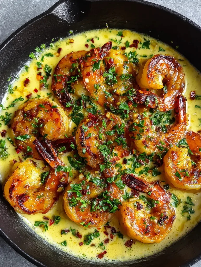Creamy Coconut Garlic Shrimp garnished with fresh flat-leaf parsley and red chili flakes in a cast iron skillet.