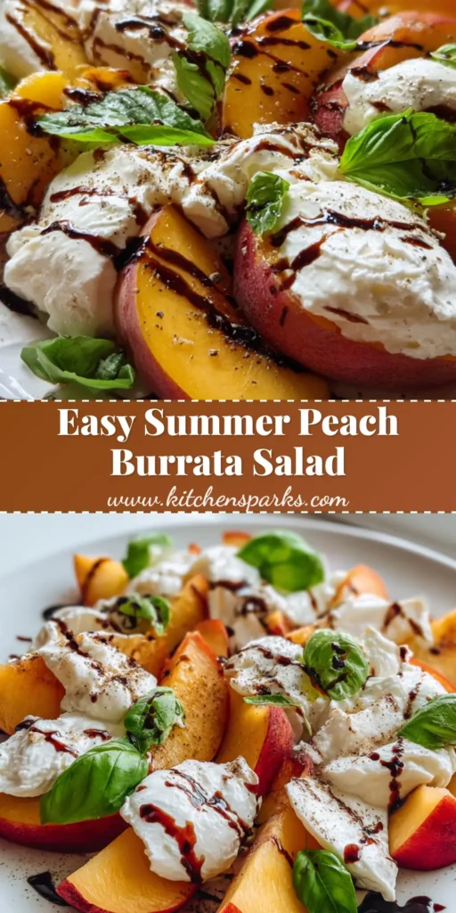 A vibrant Peach Burrata Salad featuring sliced orange peaches and torn creamy burrata on a white plate with balsamic drizzle.