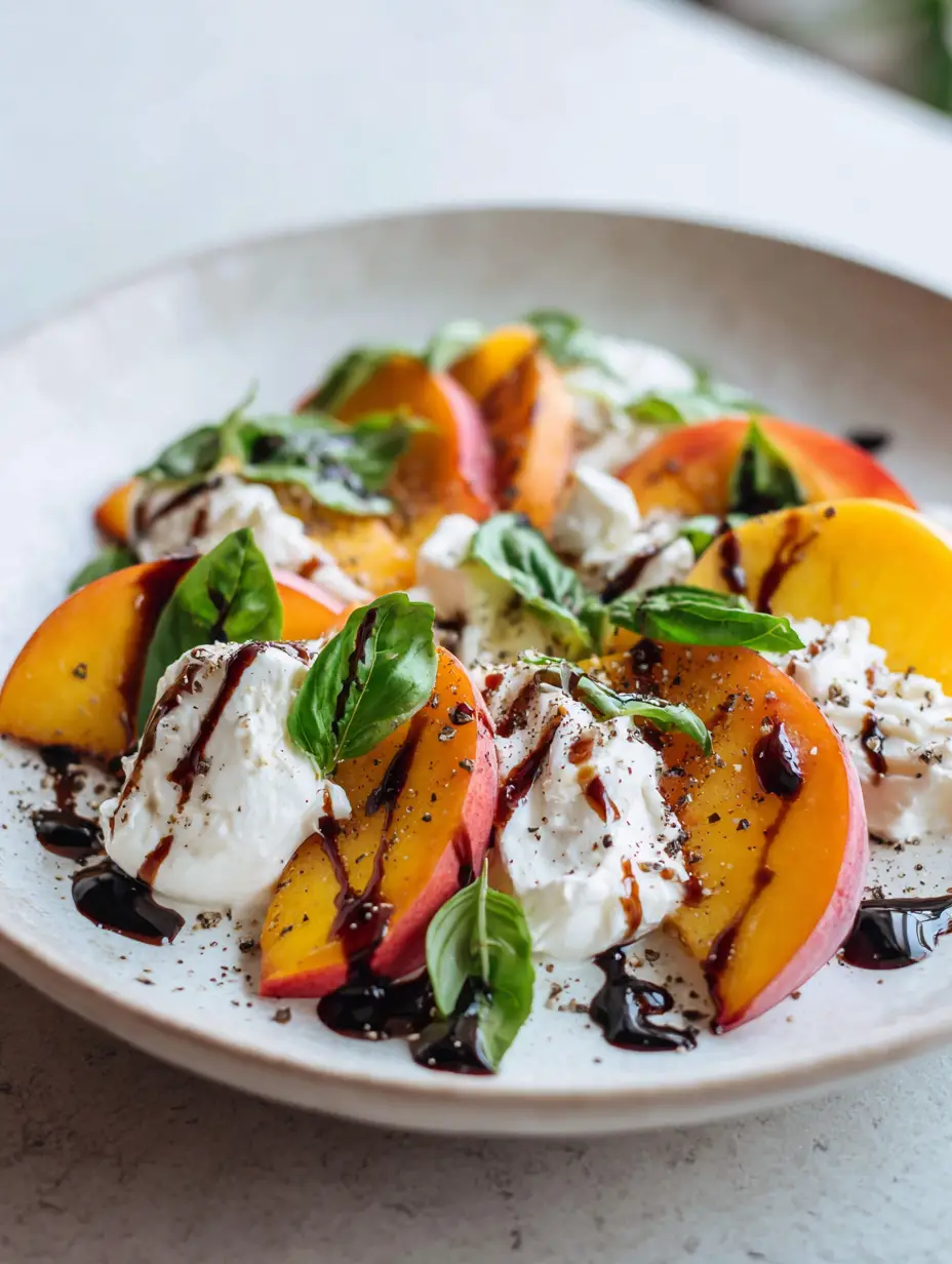 Close up handheld photo of Peach Burrata Salad showing the creamy interior of the cheese and glossy balsamic zig-zag.