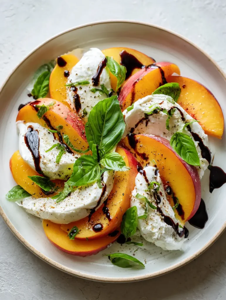 Peach Burrata Salad served on a white ceramic plate in a bright kitchen setting.