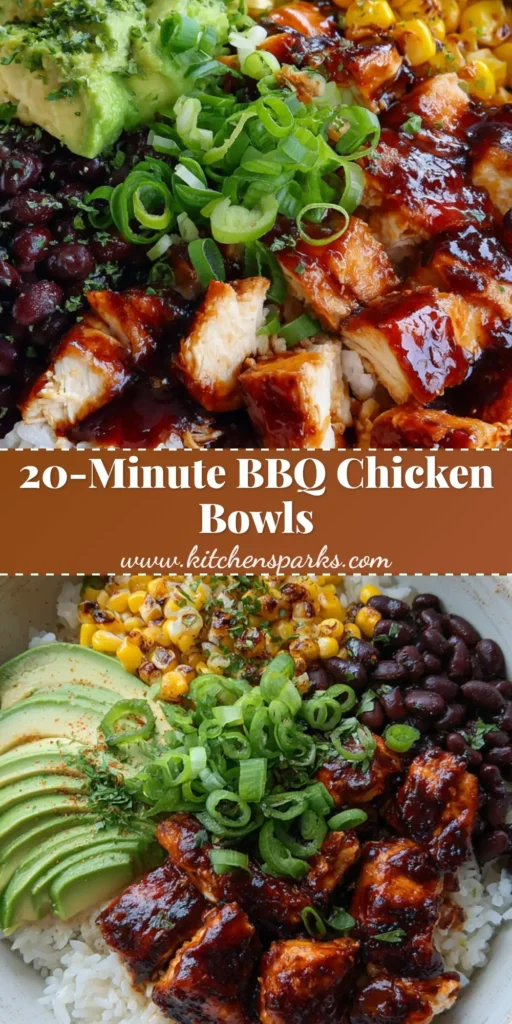 A meticulously arranged BBQ Chicken Rice Bowl in a white ceramic bowl with glossy glazed chicken, charred corn, and avocado slices.
