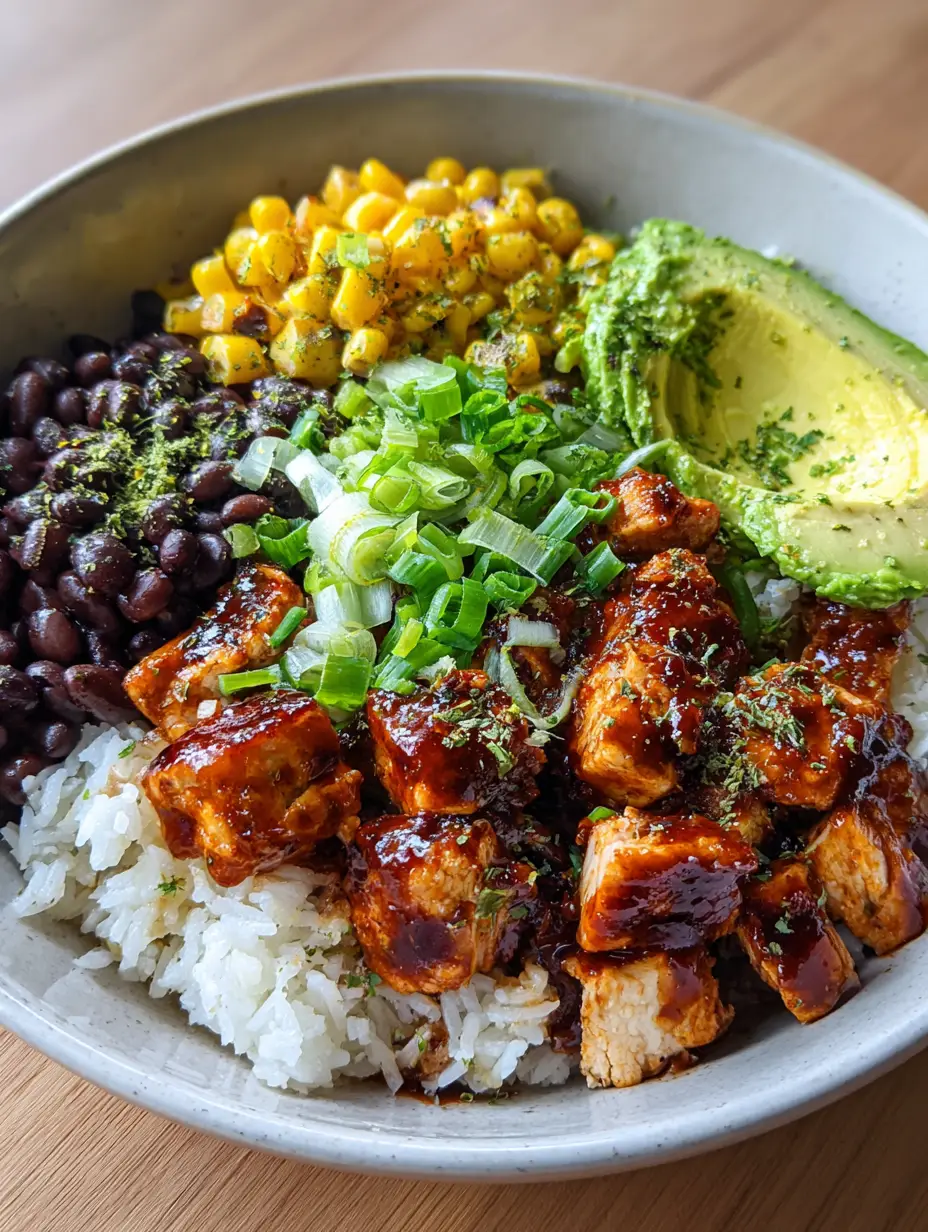 Close up photo of seared chicken breast cubes in BBQ Chicken Rice Bowls showing caramelized edges and glossy sauce.