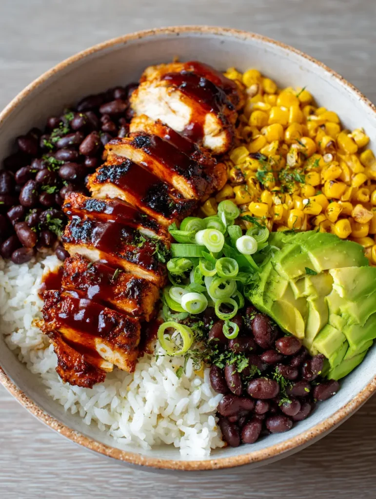 A top-down view of BBQ Chicken Rice Bowls on a wooden surface with vibrant charred corn and black beans.