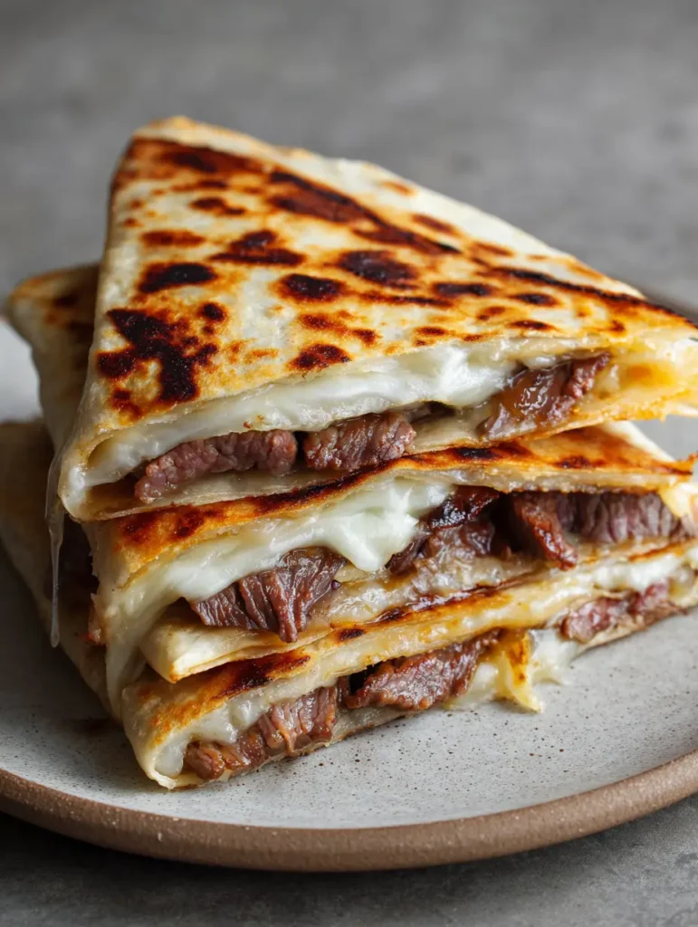 Blackstone Steak Quesadillas with Seared Ribeye and Provolone 2 Overhead view of Blackstone Steak Quesadillas with golden-brown charred flour tortillas and juicy steak filling.