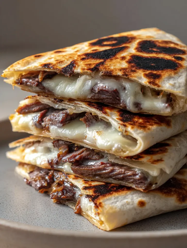 Blackstone Steak Quesadillas with Seared Ribeye and Provolone 1 Close-up of bubbly melted provolone cheese stretching between layers of a Blackstone Steak Quesadilla.