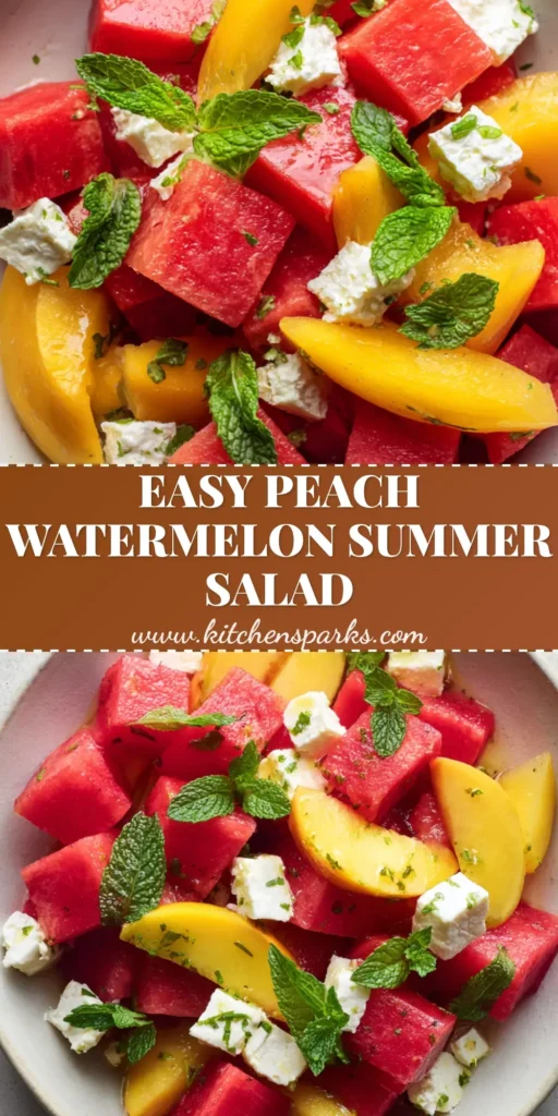 Peach Watermelon Salad with Feta and Fresh Mint 4 A top-down Pinterest pin showing a vibrant Peach Watermelon Salad in a white bowl with mint and feta.