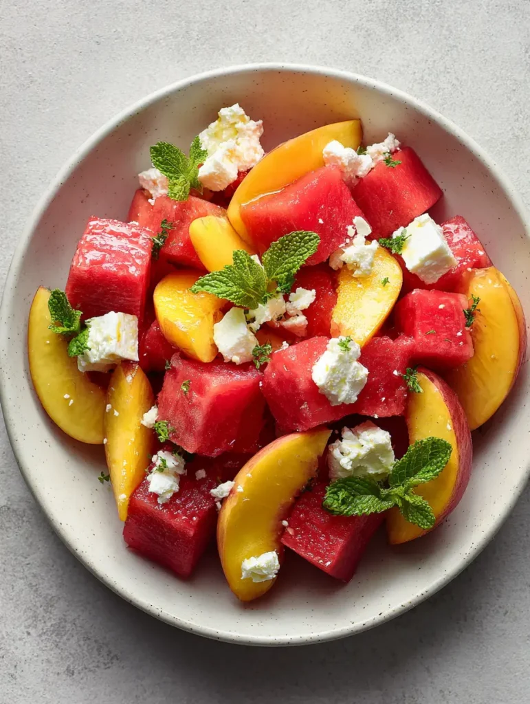 Peach Watermelon Salad with Feta and Fresh Mint 2 A top-down view of a Peach Watermelon Salad in a white ceramic bowl featuring uniform cubes of red watermelon and sliced yellow peaches.
