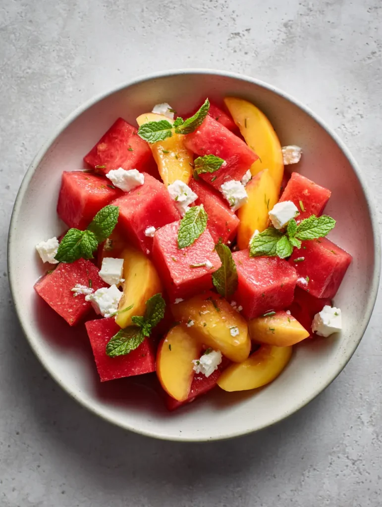 Peach Watermelon Salad with Feta and Fresh Mint 1 Close up shot of Peach Watermelon Salad with irregular crumbles of feta cheese and whole mint leaves.