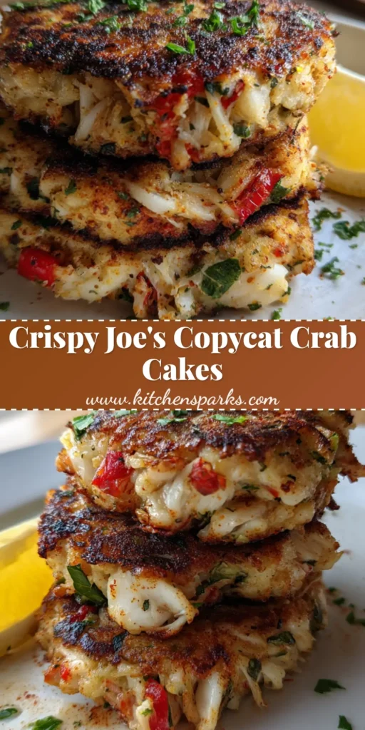 A vertical Pinterest pin showing three stacked Copycat Joe's Crab Shack Crab Cakes with a golden-brown crust and lemon wedge.
