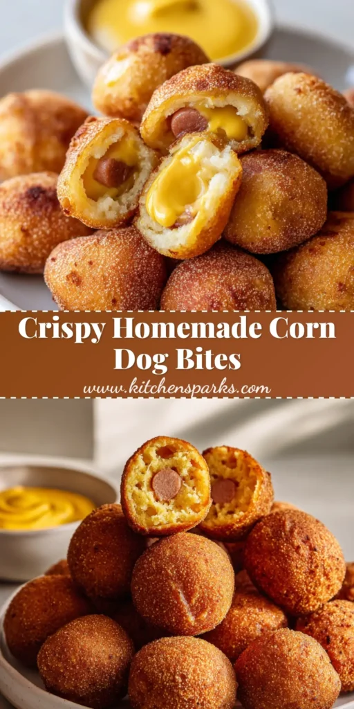 Homemade Corn Dog Bites with a Crispy Cornmeal Crust 4 A pile of golden-brown Homemade Corn Dog Bites on a white plate with a side of yellow mustard.