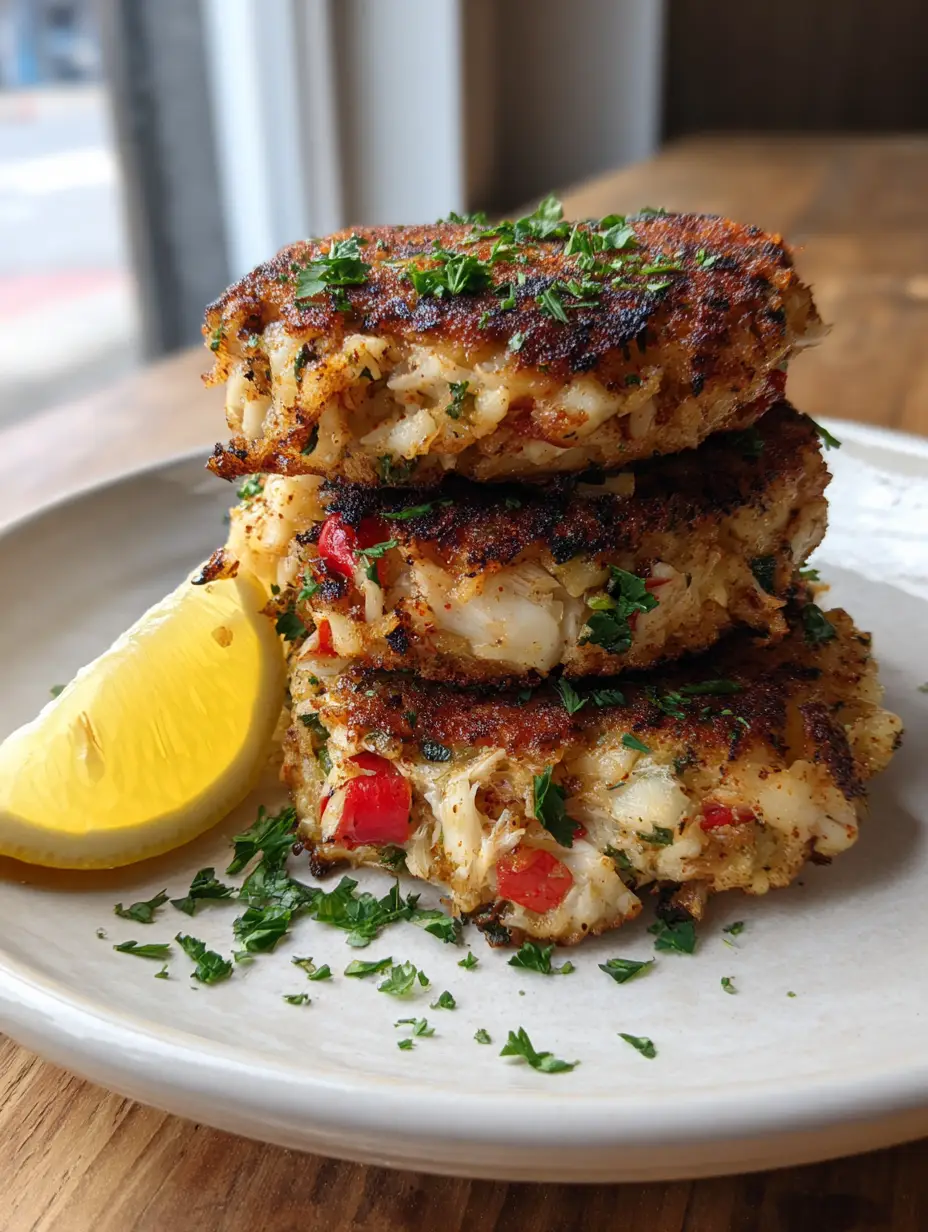 Close up photo of three thick, hand-formed Copycat Joe's Crab Shack Crab Cakes on a white plate with charred edges and parsley garnish.