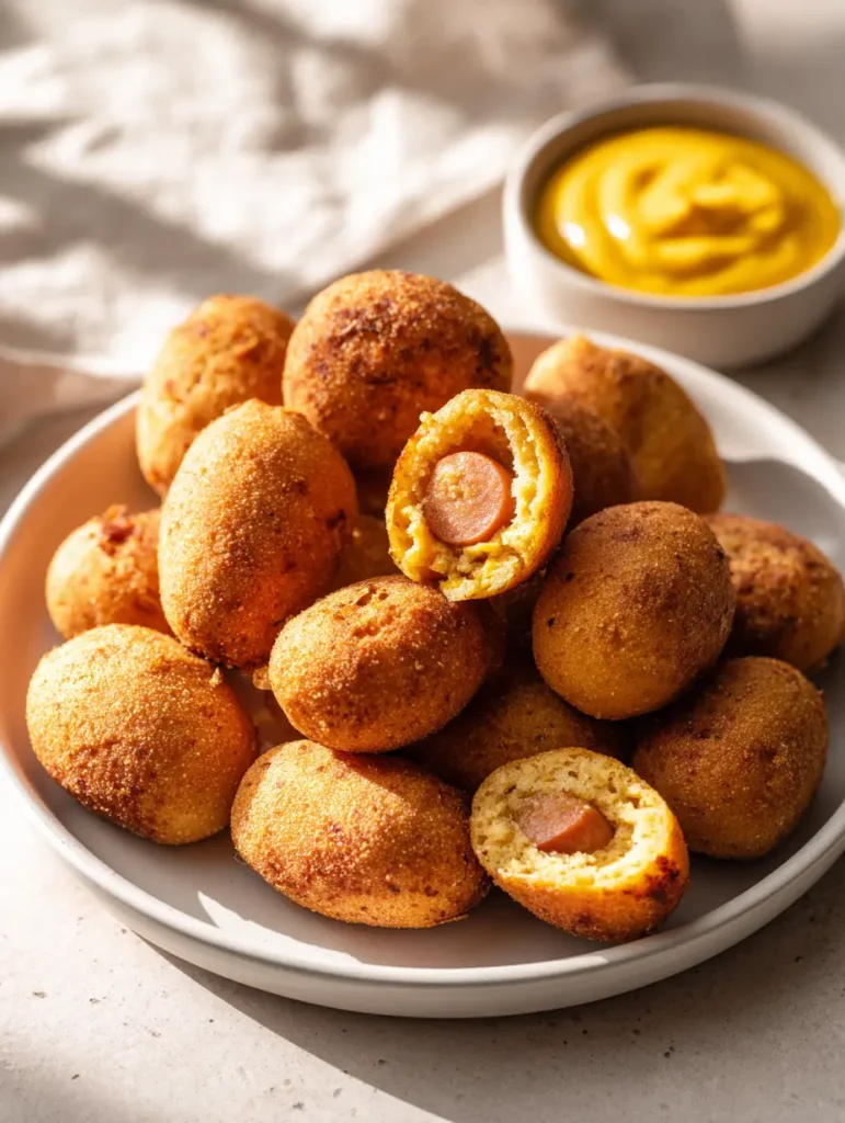 Homemade Corn Dog Bites with a Crispy Cornmeal Crust 2 Close up of Homemade Corn Dog Bites showing the bumpy cornmeal texture and steaming hot dog interior.