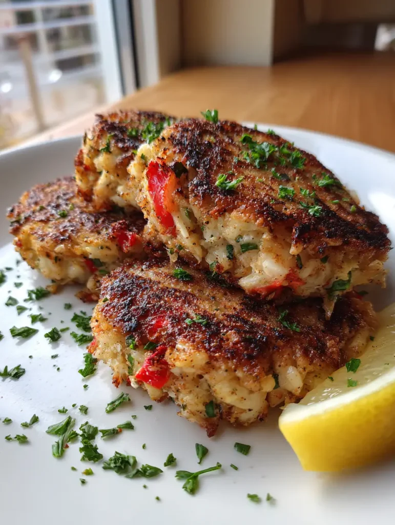 A top-down view of pan-fried crab cakes with red bell pepper flecks and a fresh lemon wedge on a ceramic plate.