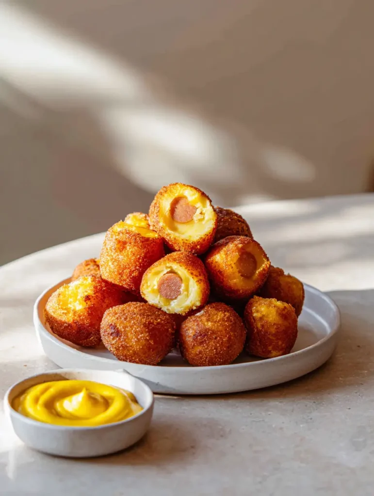 Homemade Corn Dog Bites with a Crispy Cornmeal Crust 1 A handheld smartphone photo of mini corn dog bites on a white ceramic dish with mustard.