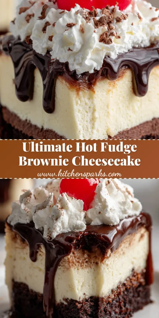 A vertical shot of a Hot Fudge Brownie Cheesecake slice featuring a chewy brownie base, smooth pale cheesecake, glossy dark chocolate fudge, and a stemmed maraschino cherry.