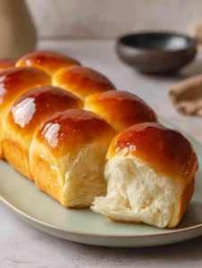 Close-up of four golden-brown Homemade Hot Dog Buns on a sage green ceramic platter with soft daylight lighting.