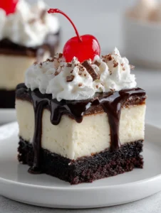 Close-up of a cleanly cut slice of Hot Fudge Brownie Cheesecake on a white plate, showing the dense brownie foundation and smooth cream-colored cheesecake layer.