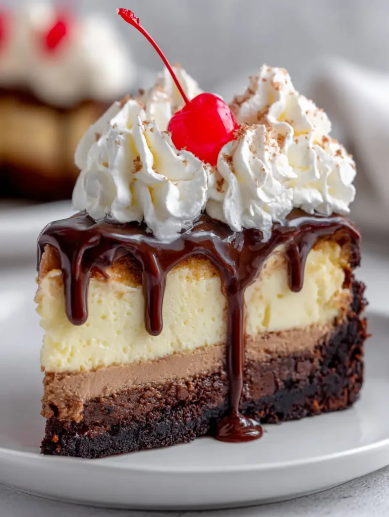 A handheld smartphone-style photo of a Hot Fudge Brownie Cheesecake with airy white whipped cream mounds and bright red cherries.
