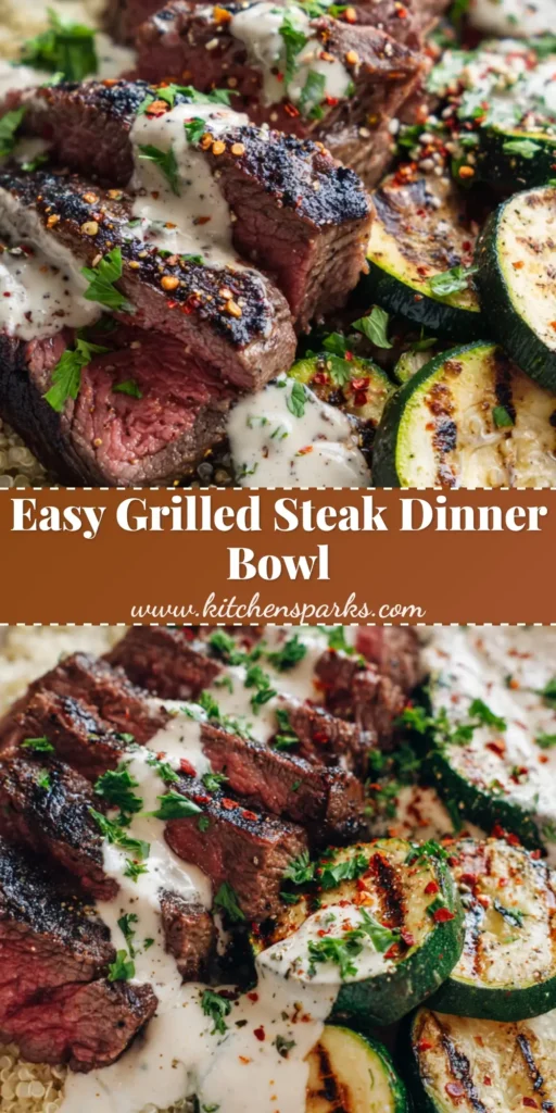 Grilled Steak Bowl with Charred Zucchini and Garlic Cream Sauce 4 A handheld smartphone photo of a white speckled ceramic Grilled Steak Bowl with medium-rare steak, charred zucchini, and garlic cream sauce garnish.