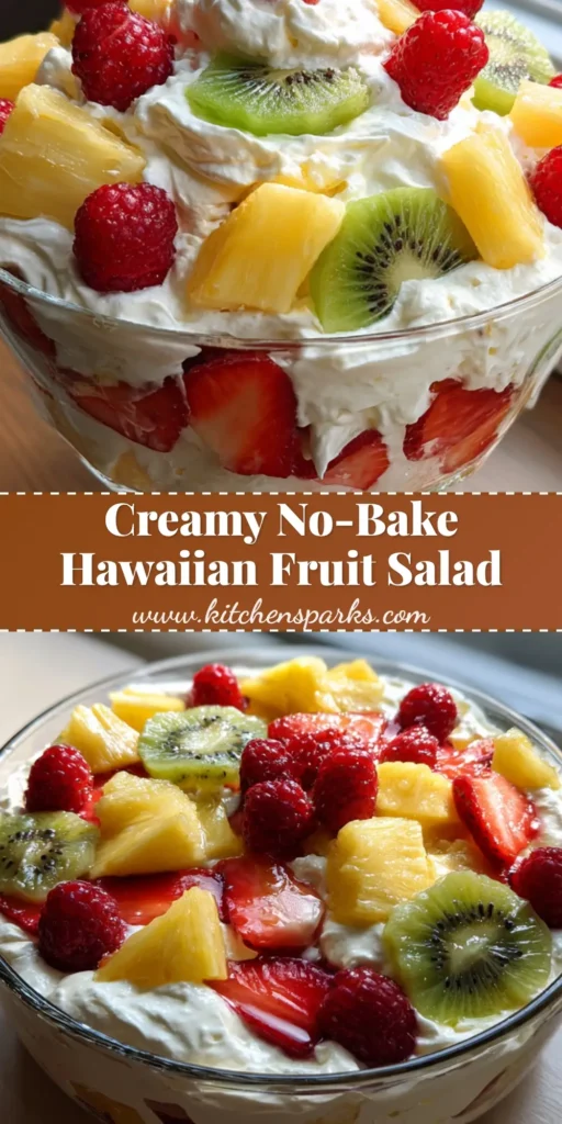 A high-angle handheld smartphone photo of Hawaiian Cheesecake Salad in a clear glass bowl, featuring thick white cheesecake cream, pineapple, strawberries, kiwi rounds, and raspberries on a light wooden surface.