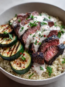 Close-up of a Grilled Steak Bowl featuring pink centers of beef and dark grill marks on zucchini rounds.