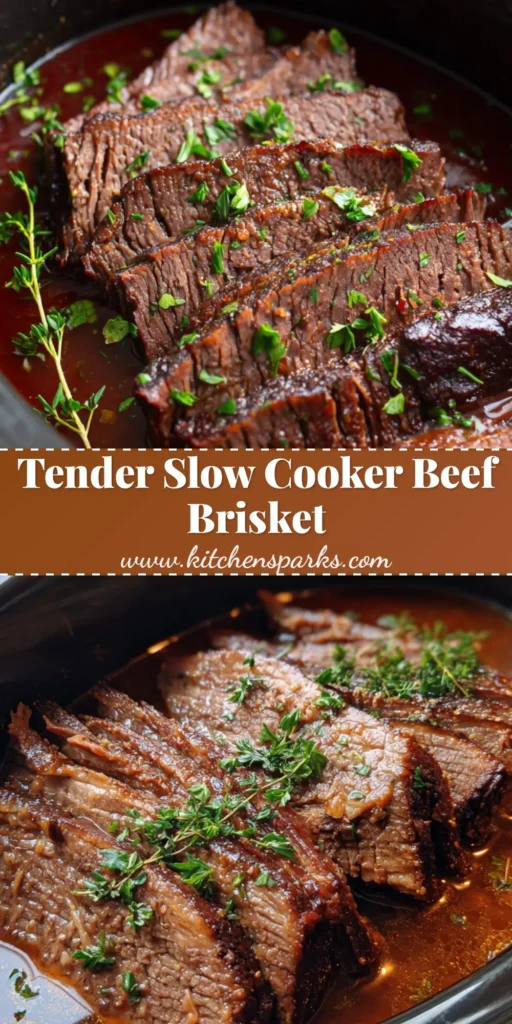 Slow Cooker Beef Brisket with a Deep Mahogany Bark 4 A top-down view of thick, tender slices of Slow Cooker Beef Brisket in a dark ceramic pot, coated in glossy mahogany sauce with parsley and thyme flakes.