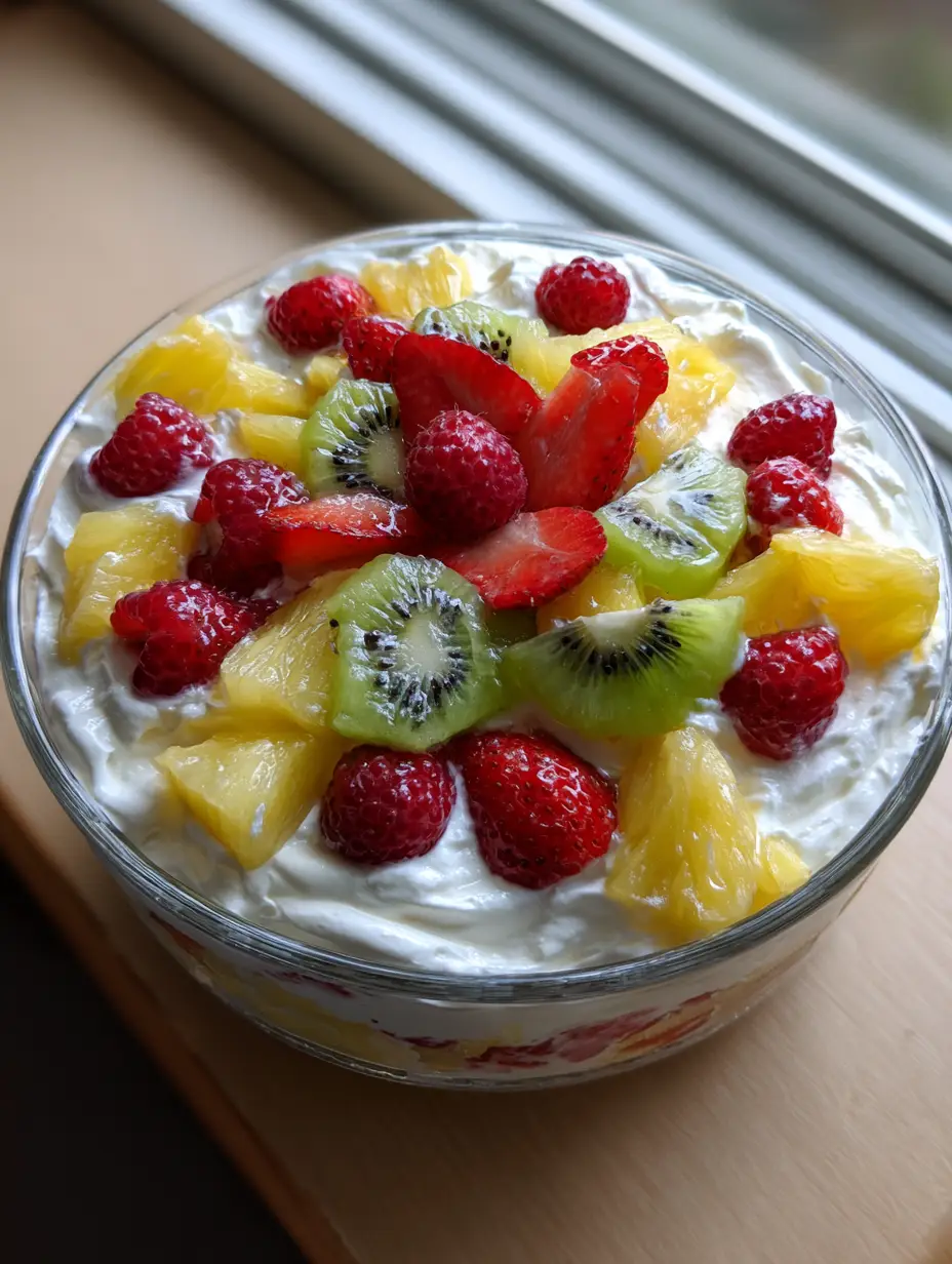 Close-up of Hawaiian Cheesecake Salad in a glass bowl with glistening pineapple chunks, strawberry slices, and kiwi rounds with visible black seeds in a thick white cream base.