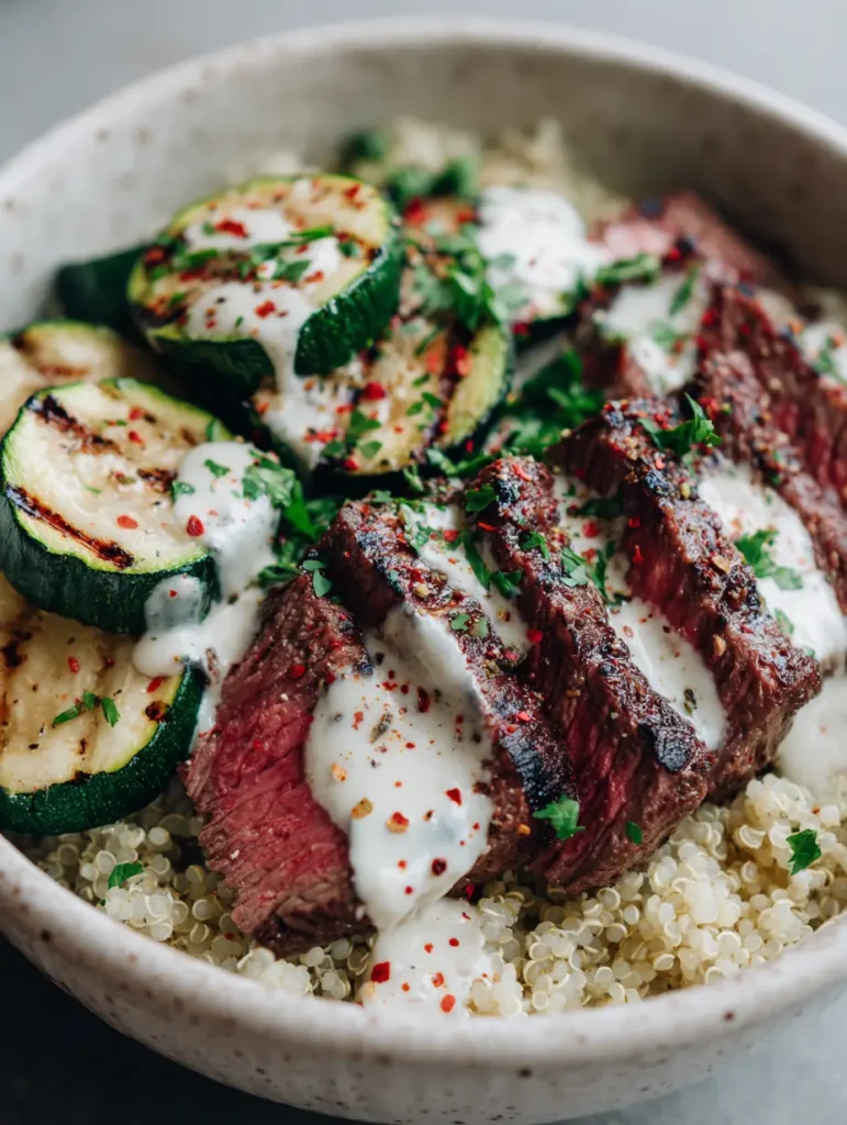 Grilled Steak Bowl with Charred Zucchini and Garlic Cream Sauce 1 Overhead view of a Grilled Steak Bowl with thick white garlic cream sauce and fresh parsley garnish.